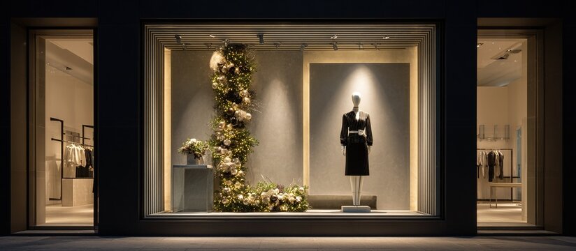 Modern retail store minimalist Christmas window display featuring single mannequin decorated with festive accessories, clean lines and luxury shopping vibe, high end commercial holiday concept