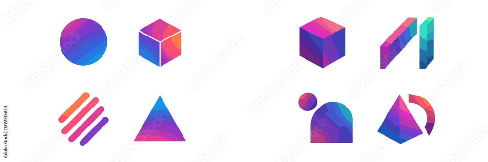 Poster set of modern abstract design elements featuring geometric shapes with vibrant color gradients isola