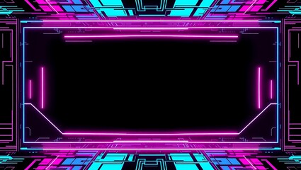 Cyberpunk-themed vector frame, bold magenta and electric blue gradient, glitch-style modern line art border, central display area