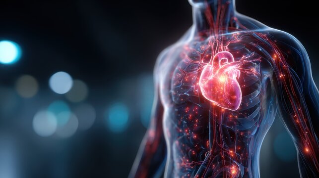 Human anatomy illustration with a glowing heart