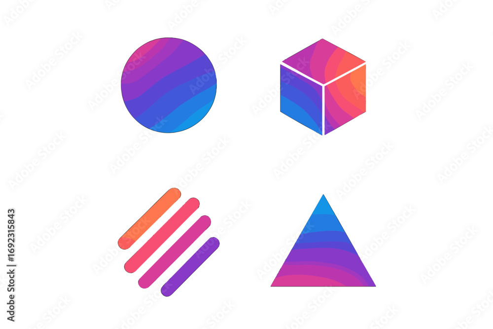 Aufkleber vibrant gradient geometric shapes set with circle, isometric cube, diagonal lines, and triangle elem