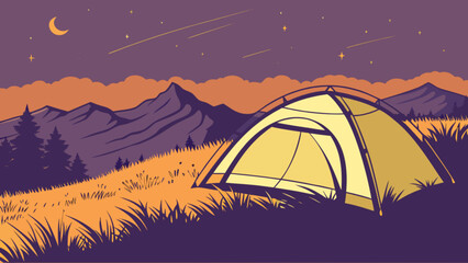 Camping tent under starry night sky with mountains landscape vector illustration for outdoor adventure trip 100
