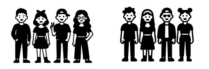 Two sets of flat design character icons depicting groups of young adult friends in a simple black and white minimalist graphic style