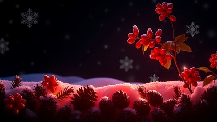 Dark Christmas scene border, glowing red holly berries, white snowflakes twinkling, pinecones in shadow, clear center-left