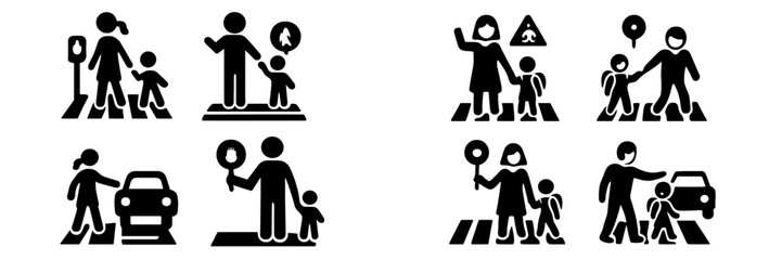 Set of black glyph icons illustrating road safety for children with parents and crossing guards helping them safely cross the street at a pedestrian crosswalk