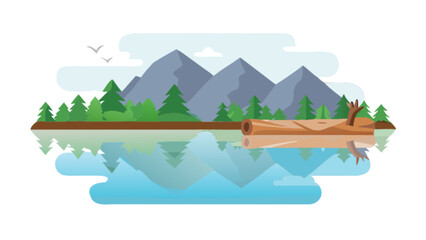 Scenic lake landscape with mountain view, trees, and reflecting water vector illustration background