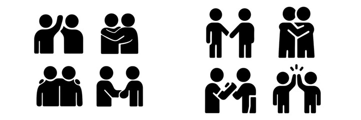 Set of friendship and greeting icons showing people hugging, shaking hands, and high-fiving in a simple black and white silhouette style © icon_art