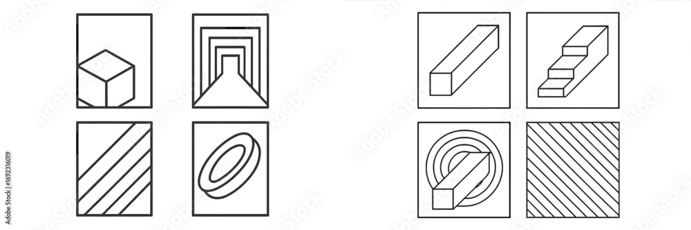 Poster set of minimalist geometric icons with abstract shapes including cube, tunnel, stairs, and linear pa