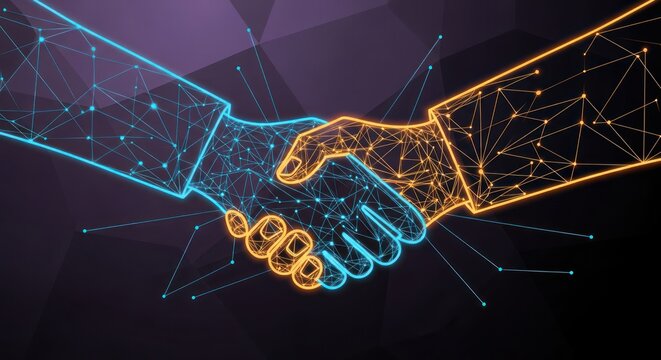 Digital handshake symbolizing partnership and technology. - Powered by Adobe