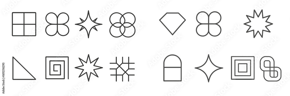Poster set of minimalist geometric shapes and abstract symbols in a modern line art style for graphic desig