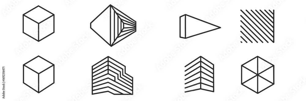 Poster set of abstract geometric shapes and minimalist line art icons for modern logo design and branding e