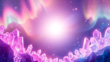 Crystals and aurora border in fantasy hues, centered soft white glow space