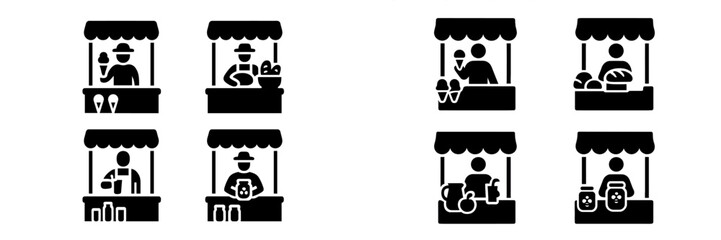 Black glyph icon collection of street food vendors and market stalls selling ice cream, bread, and local produce