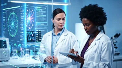 Two diverse female scientists analyze complex data on a futuristic holographic screen and a tablet in a modern laboratory. - Powered by Adobe
