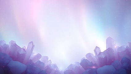 Crystals and aurora border in fantasy hues, centered soft white glow space