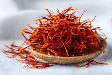 Fototapeta premium Saffron threads displayed on white background perfect for gourmet food and spice promotions