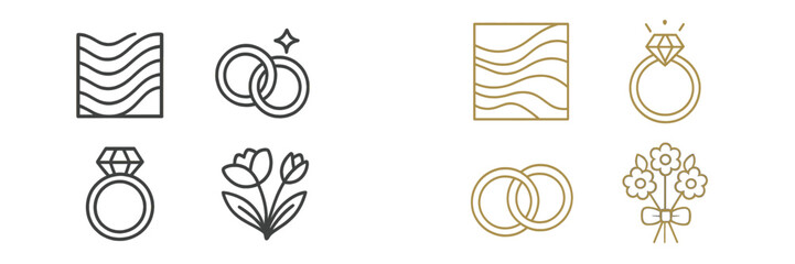 Set of minimalist wedding icons with engagement rings and flower bouquets in an elegant line art style for romantic design elements