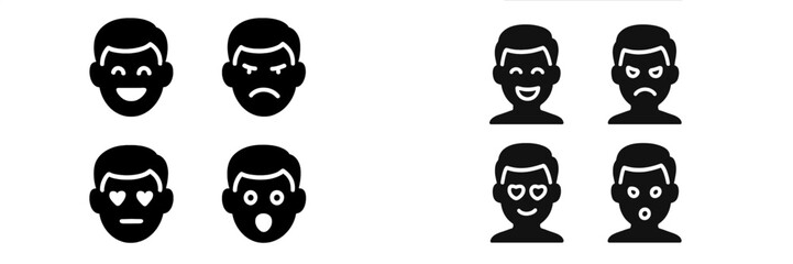 Set of black glyph icons depicting human facial expressions and emotions like happiness, sadness, anger, and love isolated on a white background