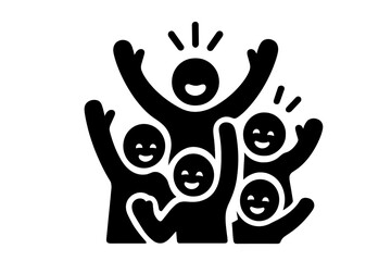 Cheering crowd of people celebrating success and victory. Group of happy figures with arms raised in excitement and joy. Black and white icon for teamwork and community