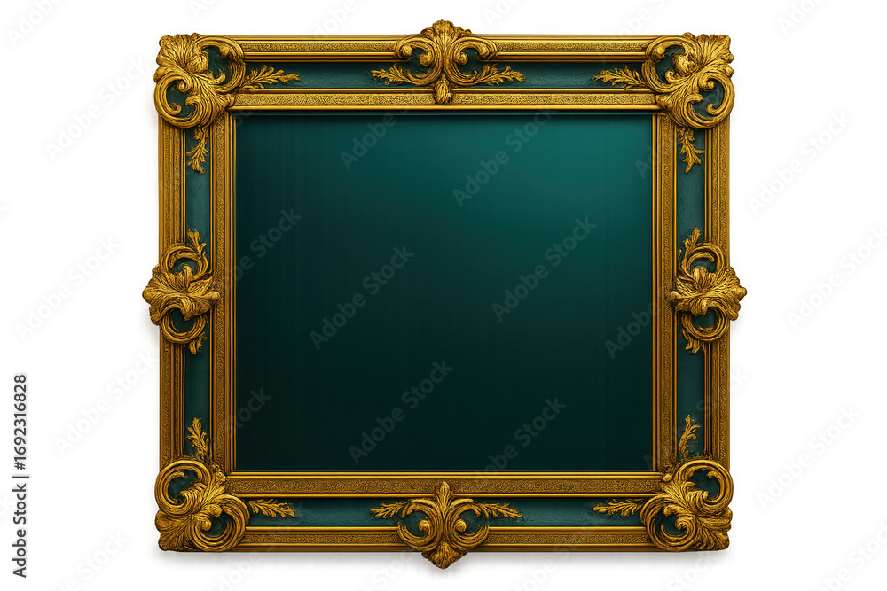 Poster elegant golden frame with teal backdrop, featuring intricate carvings and transparent background for