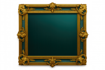Elegant golden frame with teal backdrop, featuring intricate carvings and transparent background for easy integration into designs