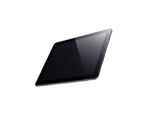 A modern smartphone with a glare of light on a transparent background