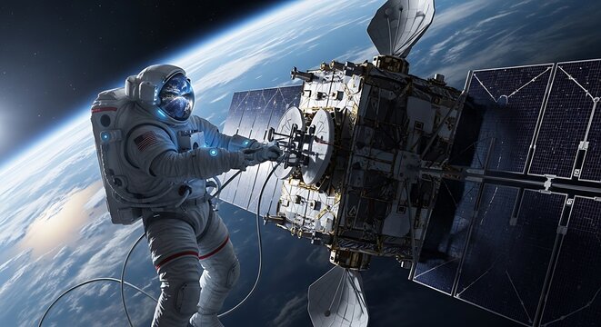 Astronaut Repairing Satellite in Orbit Above Earth.