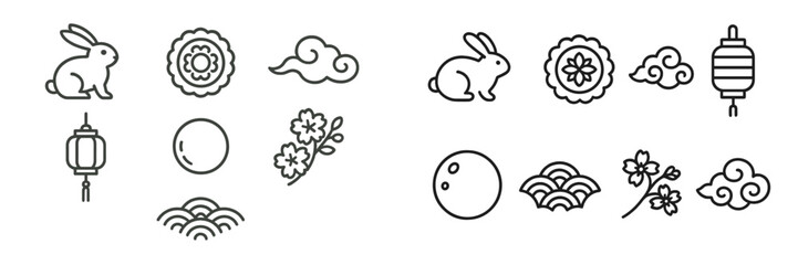 Mid-Autumn Festival icon set with traditional Chinese symbols like moon rabbit, mooncake, lantern, and full moon in a minimalist line art style