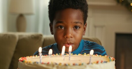 A black child celebrates his birthday and prepares to blow out the candles on his cake. African-American boy blowing birthday candles