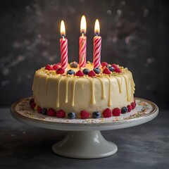 Festive birthday cake with lit candles and colorful sprinkles isolated on transparent background