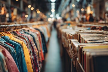 Thrift shoppers explore bright rows of retro clothes and piled vinyl in spacious store.