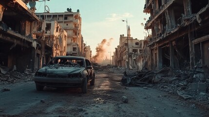An image destroyed city with car driving through it. Realistic video the events in the city of aleppo. Field of shallow depth with a background of 16:9. A picture of a ruined lifestyle city featuring.