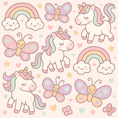Magical collection of cute unicorn, rainbow, and butterfly elements. Sweet hand-drawn kawaii cartoon clipart set for nursery decoration.
