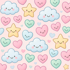 Sweet seamless pattern with cute kawaii clouds, stars, and hearts. Gentle pastel cartoon background with smiling characters for kids.