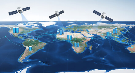 Global network with satellites connecting data centers across continents on a world map background
