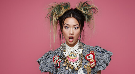 A young woman with wild pigtails and a surprised expression, wearing a bold, eccentrically decorated denim jacket and a large polka-dot bow, stares in disbelief.