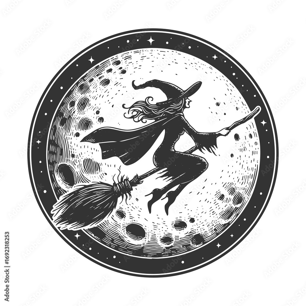 Poster witch in a hat and cape riding a broomstick with the full moon behind her sketch engraving generativ