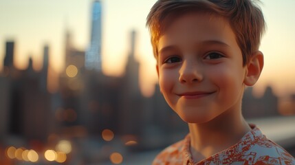 Boy is smiling front of city. A young boy is charming in this realistic portrait. A schoolboy in a shirt of innocence and joy in the urban backdrop. A young boy is grinning in front of lifestyle an.