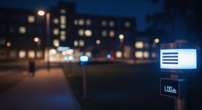 Nighttime shot of illuminated noise sensors operating in quiet zones near hospitals monitoring sound pollution to maintain peaceful environment.