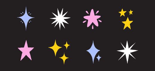 Crayon star illustrations with pastel chalk texture and brush lines. Hand drawn colorful shapes bring a playful sparkle for school projects