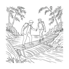 Two hikers carefully crossing a forest stream on a fallen log bridge adventure white background