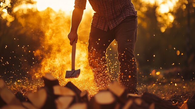 Man chopping wood with fire in the background. Realistic firewood man in a video. Ax working on a sand castle in the countryside during holiday break. A person is cutting wood with lifestyle a blaze.