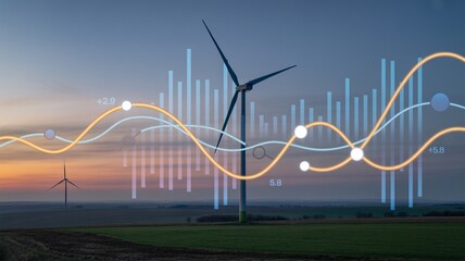 Wind turbines in field at sunset with overlay of financial data charts wind energy renewable energy