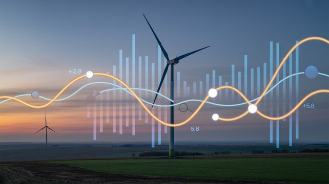 Wind turbines in field at sunset with overlay of financial data charts wind energy renewable energy