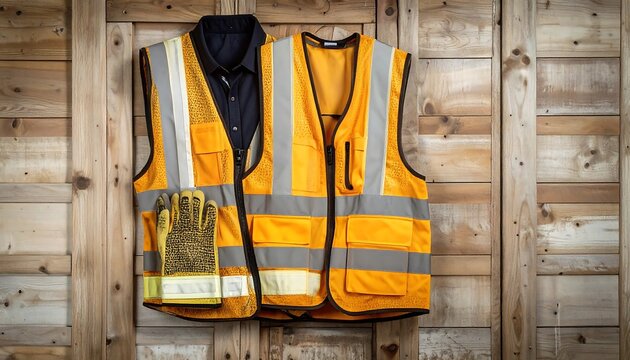Safety vest and shirt on wooden wall