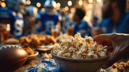 A sports viewing party gathers fans to watch major events, complete with snacks, cheers, and themed décor, creating excitement and shared energy.
