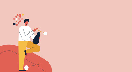 A man illustrates creativity, meticulously crafting or painting a vase, surrounded by abstract elements. Ideal for art, hobby, or design concepts.