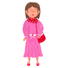 Hand drawn illustration of girl in pink dress with a scarf standing and holding red hand bag. 