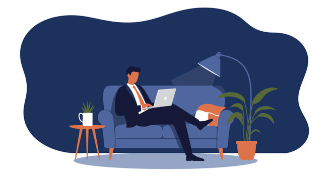 Professional man in a suit working on a laptop from a comfortable sofa at home, symbolizing remote work, productivity, and modern lifestyle.