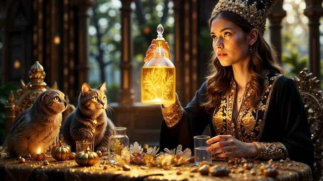 Halloween. Beautiful young very attractive witch brews a magic potion in a fairy forest.